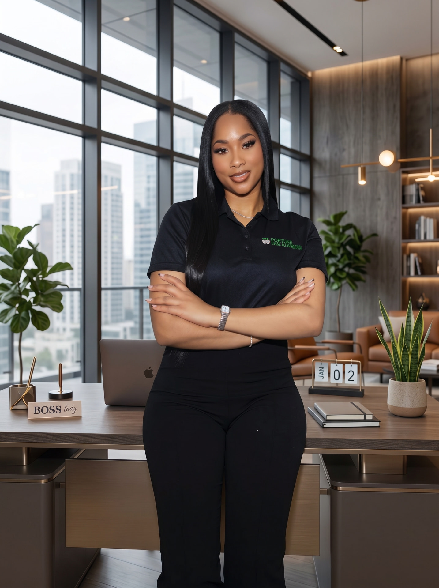 Founder of Fortune Tax Advisors standing with arms crossed in a modern high-rise office