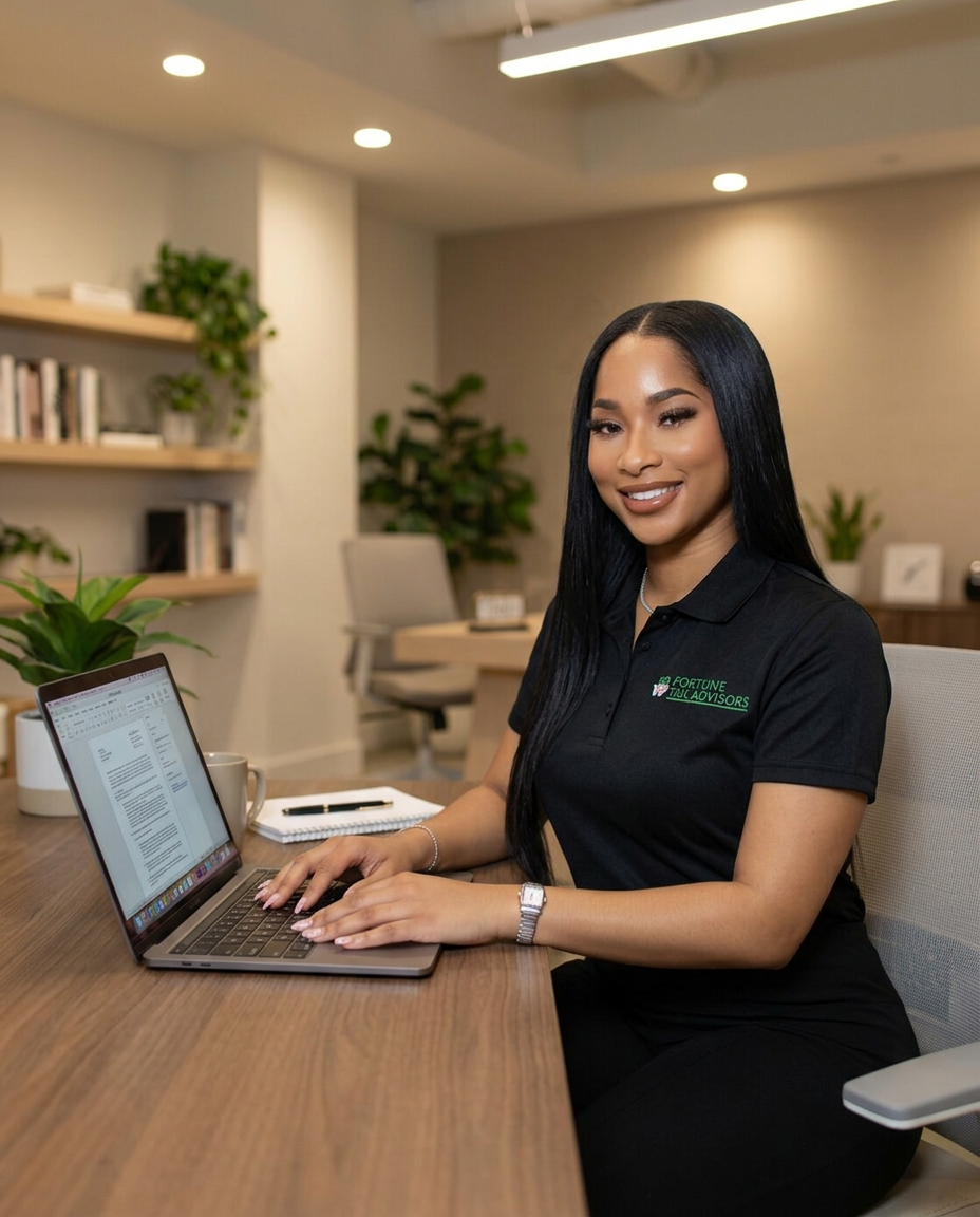 Fortune Tax Advisors advisor working on a laptop at her desk in the office